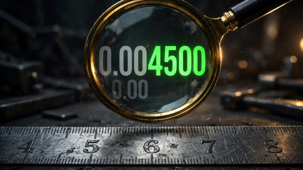 Magnifying glass over a steel ruler revealing significant figures glowing green