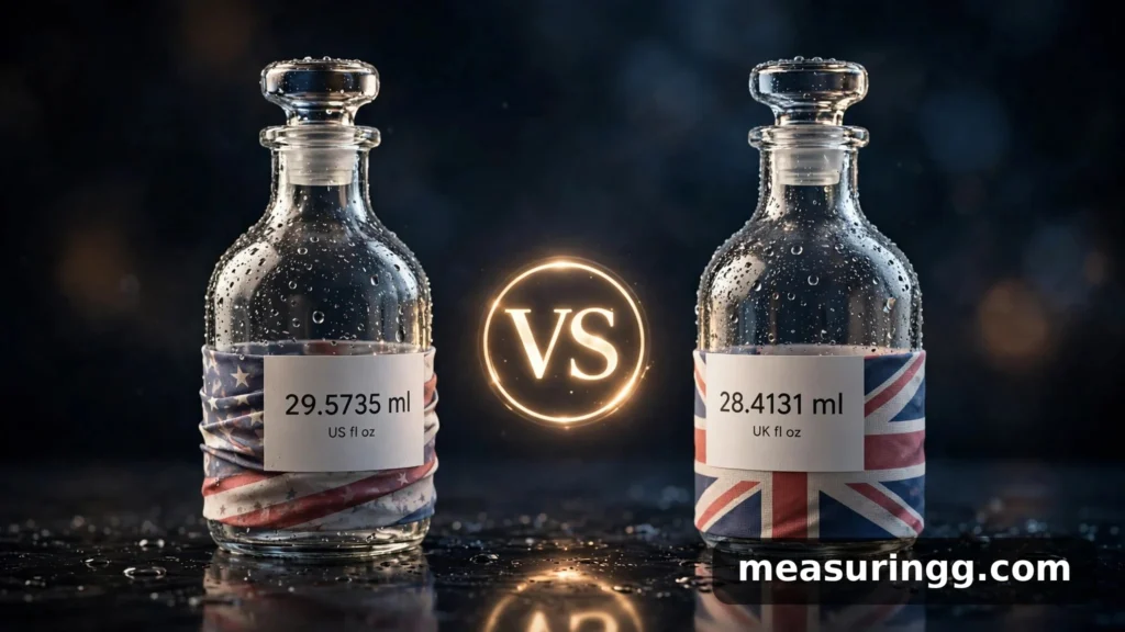 US vs UK fluid ounce bottles showing 29.5735 ml and 28.4131 ml